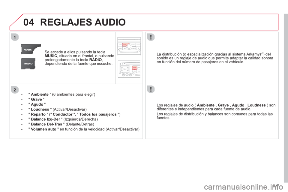 CITROEN BERLINGO ELECTRIC 2015 Manuales de Empleo (in Spanish) 9.9
04REGLAJES AUDIO
Se accede a ellos pulsando la teclaMUSIC, situada en el frontal, o pulsando
prolongadamente la tecla RADIO ,
dependiendo de la fuente que escuche.
- "
Ambiente" (6 ambientes CITROEN BERLINGO ELECTRIC 2015 Manuales de Empleo (in Spanish) 9.9
04REGLAJES AUDIO
Se accede a ellos pulsando la teclaMUSIC, situada en el frontal, o pulsando
prolongadamente la tecla RADIO ,
dependiendo de la fuente que escuche.
- "
Ambiente" (6 ambientes