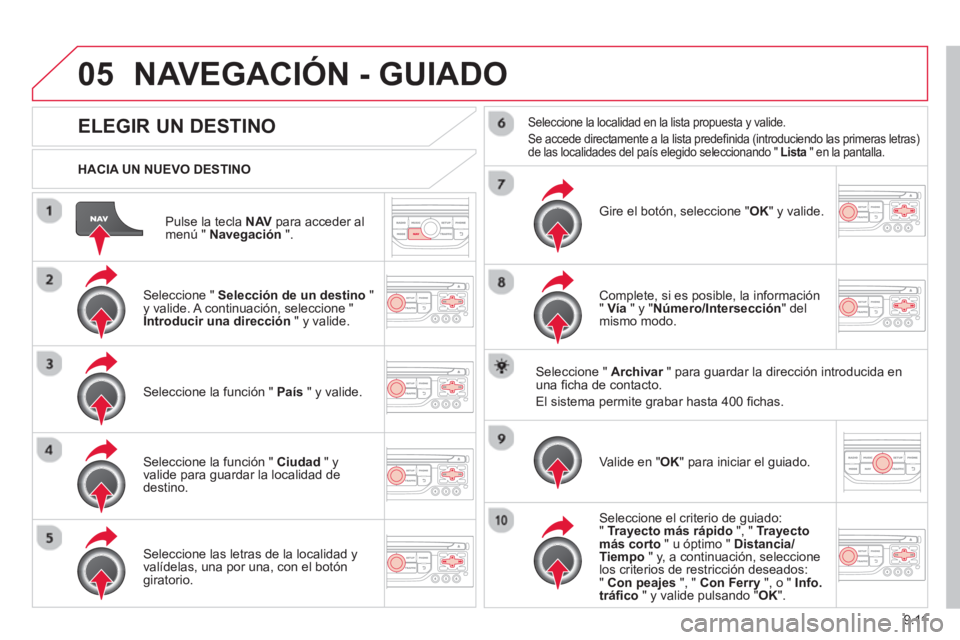 CITROEN BERLINGO ELECTRIC 2015 Manuales de Empleo (in Spanish) 9.11
05
Pulse la tecla NAV para acceder al
menú " Navegación".
HACIA UN NUEVO DESTINO
NAVEGACIÓN - GUIADO
ELEGIR UN DESTINO
Seleccione " Selección de un destino
CITROEN BERLINGO ELECTRIC 2015 Manuales de Empleo (in Spanish) 9.11
05
Pulse la tecla NAV para acceder al
menú " Navegación".
HACIA UN NUEVO DESTINO
NAVEGACIÓN - GUIADO
ELEGIR UN DESTINO
Seleccione " Selección de un destino