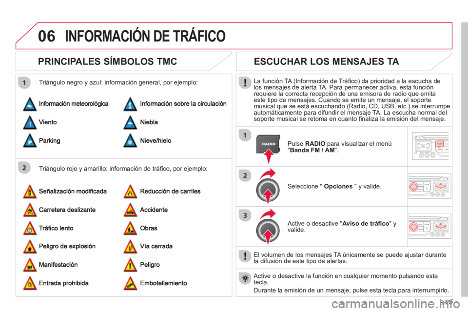 CITROEN BERLINGO ELECTRIC 2015 Manuales de Empleo (in Spanish) 9.25
06INFORMACIÓN DE TRÁFICO
PRINCIPALES SÍMBOLOS TMC
Triángulo rojo y amarillo: información de tráfi co, por ejemplo:
Tri·n
gulo negro y azul: informaciÛn general, por ejemplo:
CITROEN BERLINGO ELECTRIC 2015 Manuales de Empleo (in Spanish) 9.25
06INFORMACIÓN DE TRÁFICO
PRINCIPALES SÍMBOLOS TMC
Triángulo rojo y amarillo: información de tráfi co, por ejemplo:
Tri·n
gulo negro y azul: informaciÛn general, por ejemplo: