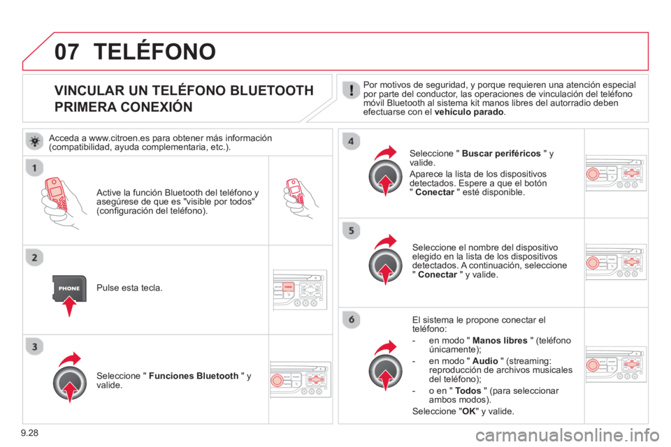 CITROEN BERLINGO ELECTRIC 2015 Manuales de Empleo (in Spanish) 9.28
07
VINCULAR UN TELÉFONO BLUETOOTH
PRIMERA CONEXIÓN Por motivos de seguridad, y porque requieren una atención especialpor parte del conductor, las operaciones de vinc CITROEN BERLINGO ELECTRIC 2015 Manuales de Empleo (in Spanish) 9.28
07
VINCULAR UN TELÉFONO BLUETOOTH
PRIMERA CONEXIÓN Por motivos de seguridad, y porque requieren una atención especialpor parte del conductor, las operaciones de vinc