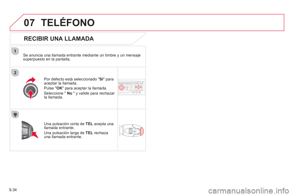 CITROEN BERLINGO ELECTRIC 2015 Manuales de Empleo (in Spanish) 9.34
07TELÉFONO
RECIBIR UNA LLAMADA
Se anuncia una llamada entrante mediante un timbre y un mensajesuperpuesto en la pantalla.
P
or defecto está seleccionado "Sí" para
aceptar la llamad CITROEN BERLINGO ELECTRIC 2015 Manuales de Empleo (in Spanish) 9.34
07TELÉFONO
RECIBIR UNA LLAMADA
Se anuncia una llamada entrante mediante un timbre y un mensajesuperpuesto en la pantalla.
P
or defecto está seleccionado "Sí" para
aceptar la llamad