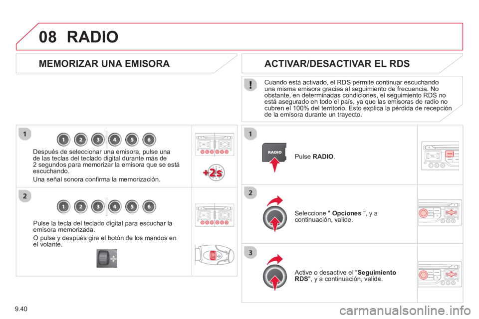 CITROEN BERLINGO ELECTRIC 2015  Manuales de Empleo (in Spanish) 9.40
08
Pulse la tecla del teclado digital para escuchar laemisora memorizada. 
O pulse y después gire el botón de los mandos enel volante.  
 
 
 
MEMORIZAR UNA EMISORA 
 
 
Después de seleccionar