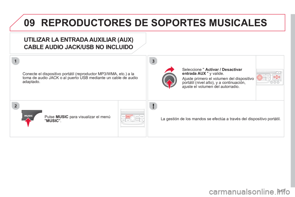CITROEN BERLINGO ELECTRIC 2015  Manuales de Empleo (in Spanish) 9.47
09REPRODUCTORES DE SOPORTES MUSICALES 
   
 
 
 
 
 
 
 
 
 
 
UTILIZAR LA ENTRADA AUXILIAR (AUX)   
CABLE AUDIO JACK/USB NO INCLUIDO 
   
Conecte el dispositivo portátil (reproductor MP3/WMA, e