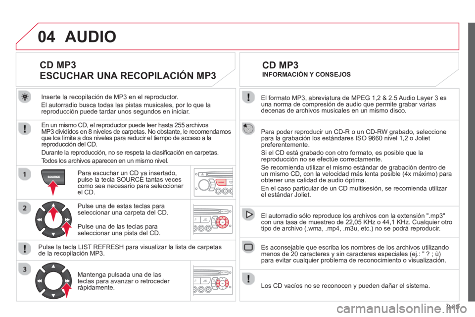 CITROEN BERLINGO ELECTRIC 2015  Manuales de Empleo (in Spanish) 9.69
04
  El formato MP3, abreviatura de MPEG 1,2 & 2.5 Audio Layer 3 es una norma de compresión de audio que permite grabar varias decenas de archivos musicales en un mismo disco.
  Para poder repro