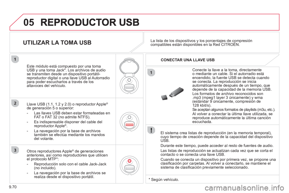 CITROEN BERLINGO ELECTRIC 2015  Manuales de Empleo (in Spanish) 9.70
05
   
El sistema crea listas de reproducción (en la memoria temporal),cuyo tiempo de creación depende de la capacidad del dispositivoUSB.
  Durante este tiempo, puede acceder al resto de fuent