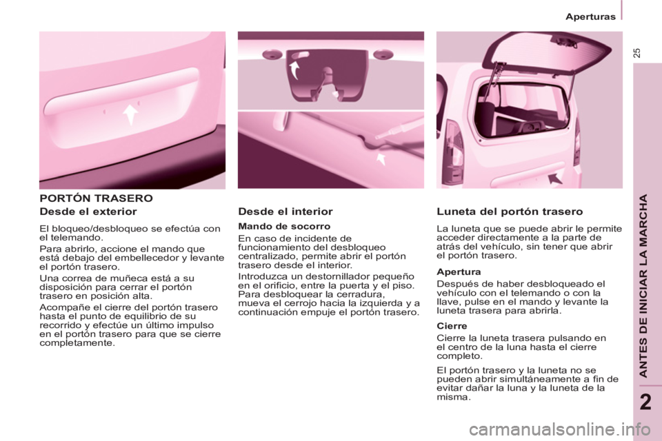 CITROEN BERLINGO ELECTRIC 2015  Manuales de Empleo (in Spanish) 25
ANTES DE INICIAR LA MARCHA
   
 
Aperturas  
 
2
 
PORTÓN TRASERO 
   
Desde el exterior 
 
El bloqueo/desbloqueo se efectúa con 
el telemando. 
  Para abrirlo, accione el mando que 
está debajo