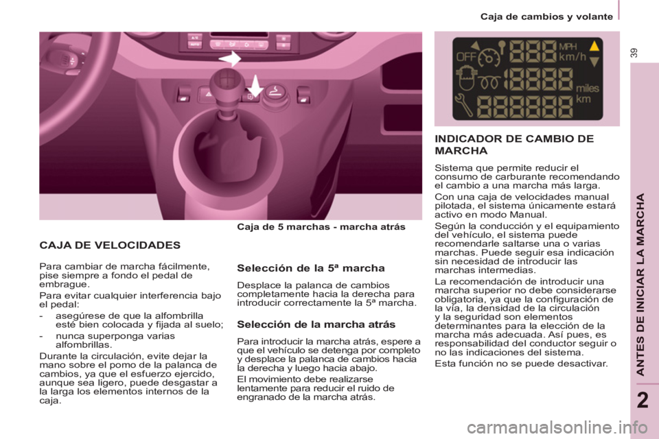 CITROEN BERLINGO ELECTRIC 2015  Manuales de Empleo (in Spanish) 2
   
 
Caja de cambios y volante  
 
39
ANTES DE INICIAR LA MARCHA
 
CAJA DE VELOCIDADES
 
 
Caja de 5 marchas - marcha atrás  
 
   
 
  Para cambiar de marcha fácilmente, 
pise siempre a fondo el