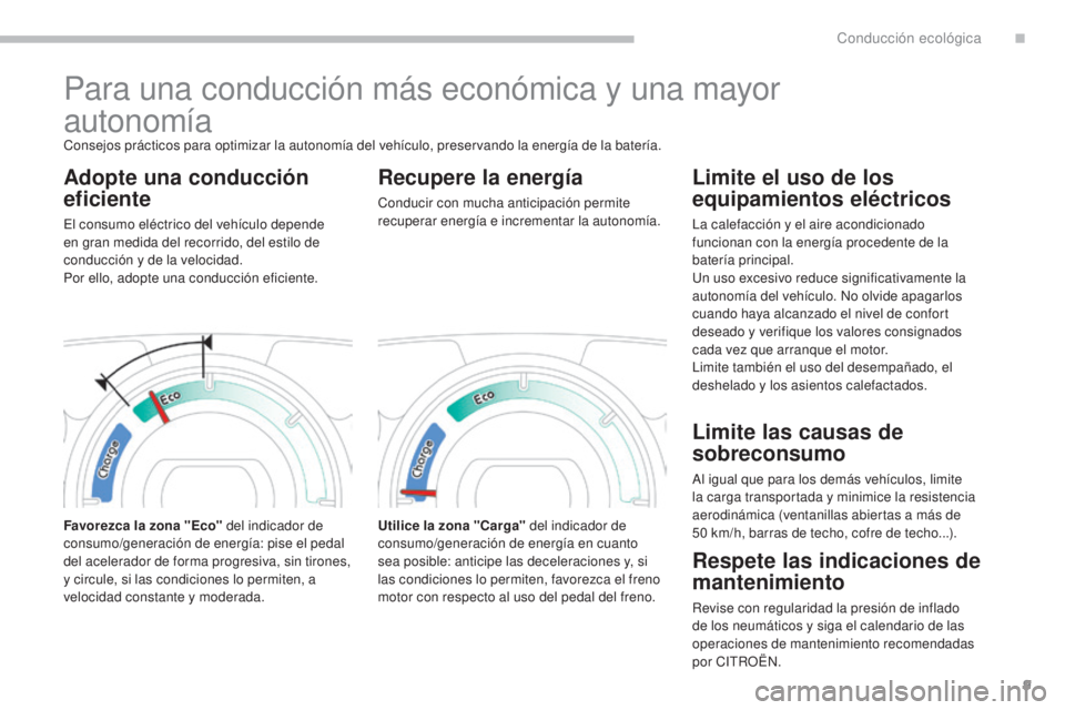 CITROEN C-ZERO 2017  Manuales de Empleo (in Spanish) 9
C-Zero_es_Chap00c_eco-conduite_ed01-2016
Para una conducción más económica y una mayor  
autonomía
Consejos prácticos para optimizar la autonomía del vehículo, preservando la energía de la b
