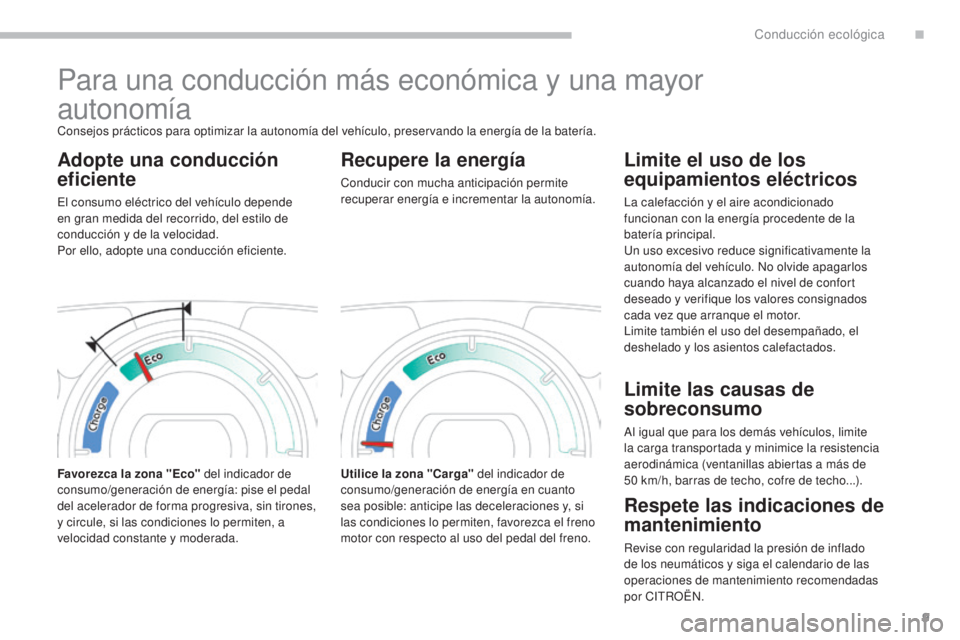 CITROEN C-ZERO 2017 Manuales de Empleo (in Spanish) 9
C-Zero_es_Chap00c_eco-conduite_ed01-2016
Para una conducción más económica y una mayor
autonomía
Consejos prácticos para optimizar la autonomía del vehículo, preservando la energía de la b CITROEN C-ZERO 2017 Manuales de Empleo (in Spanish) 9
C-Zero_es_Chap00c_eco-conduite_ed01-2016
Para una conducción más económica y una mayor
autonomía
Consejos prácticos para optimizar la autonomía del vehículo, preservando la energía de la b