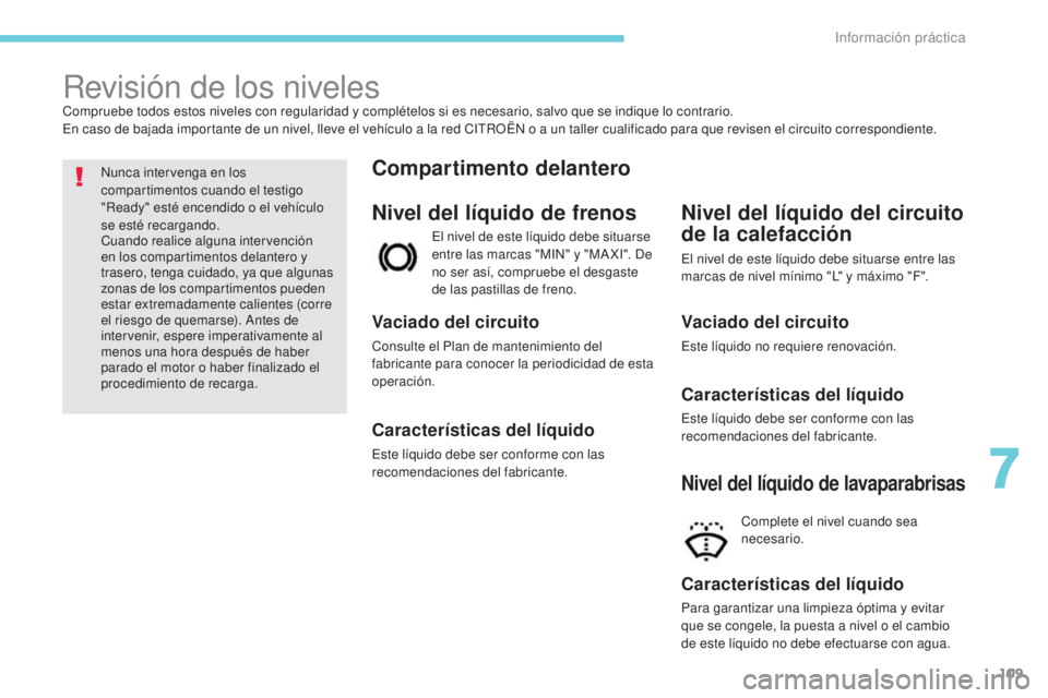 CITROEN C-ZERO 2017 Manuales de Empleo (in Spanish) 109
Revisión de los nivelesCompruebe todos estos niveles con regularidad y complételos si es necesario, salvo que se indique lo contrario.
En caso de bajada importante de un nivel, lleve el vehícul CITROEN C-ZERO 2017 Manuales de Empleo (in Spanish) 109
Revisión de los nivelesCompruebe todos estos niveles con regularidad y complételos si es necesario, salvo que se indique lo contrario.
En caso de bajada importante de un nivel, lleve el vehícul