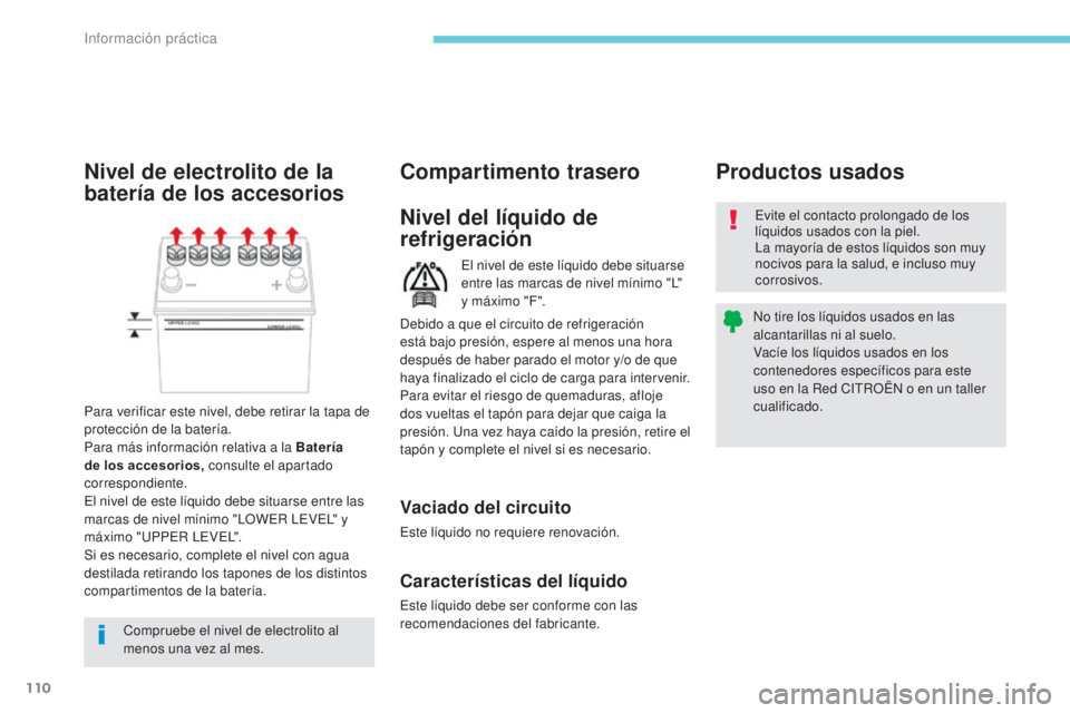 CITROEN C-ZERO 2017 Manuales de Empleo (in Spanish) 110
El nivel de este líquido debe situarse
entre las marcas de nivel mínimo "L"
y máximo "F".
Nivel del líquido de
refrigeraciónEvite el contacto prolongado de los
líquidos u CITROEN C-ZERO 2017 Manuales de Empleo (in Spanish) 110
El nivel de este líquido debe situarse
entre las marcas de nivel mínimo "L"
y máximo "F".
Nivel del líquido de
refrigeraciónEvite el contacto prolongado de los
líquidos u