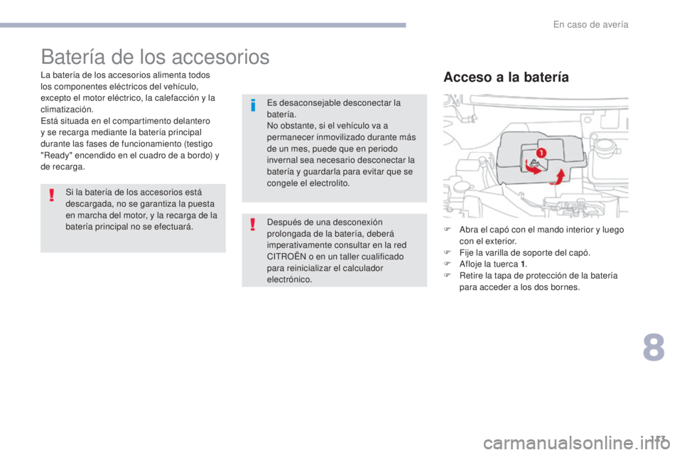 CITROEN C-ZERO 2017 Manuales de Empleo (in Spanish) 113
C-Zero_es_Chap08_en-cas-de-panne_ed01-2016
Batería de los accesorios
La batería de los accesorios alimenta todos
los componentes eléctricos del vehículo,
excepto el motor eléctrico, la cale CITROEN C-ZERO 2017 Manuales de Empleo (in Spanish) 113
C-Zero_es_Chap08_en-cas-de-panne_ed01-2016
Batería de los accesorios
La batería de los accesorios alimenta todos
los componentes eléctricos del vehículo,
excepto el motor eléctrico, la cale