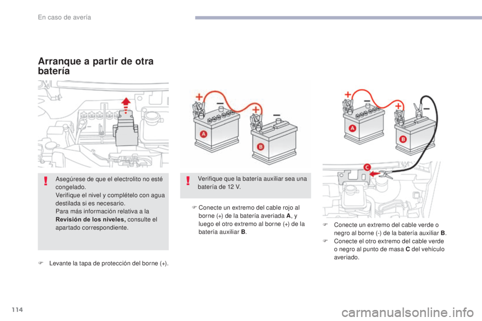 CITROEN C-ZERO 2017 Manuales de Empleo (in Spanish) 114
C-Zero_es_Chap08_en-cas-de-panne_ed01-2016
F Levante la tapa de protección del borne (+).F
C
onecte un extremo del cable rojo al
borne (+) de la batería averiada A , y
luego el otro extremo CITROEN C-ZERO 2017 Manuales de Empleo (in Spanish) 114
C-Zero_es_Chap08_en-cas-de-panne_ed01-2016
F Levante la tapa de protección del borne (+).F
C
onecte un extremo del cable rojo al
borne (+) de la batería averiada A , y
luego el otro extremo