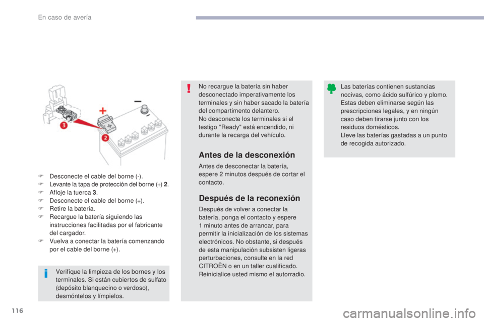CITROEN C-ZERO 2017 Manuales de Empleo (in Spanish) 116
C-Zero_es_Chap08_en-cas-de-panne_ed01-2016
No recargue la batería sin haber
desconectado imperativamente los
terminales y sin haber sacado la batería
del compartimento delantero.
No desconect CITROEN C-ZERO 2017 Manuales de Empleo (in Spanish) 116
C-Zero_es_Chap08_en-cas-de-panne_ed01-2016
No recargue la batería sin haber
desconectado imperativamente los
terminales y sin haber sacado la batería
del compartimento delantero.
No desconect