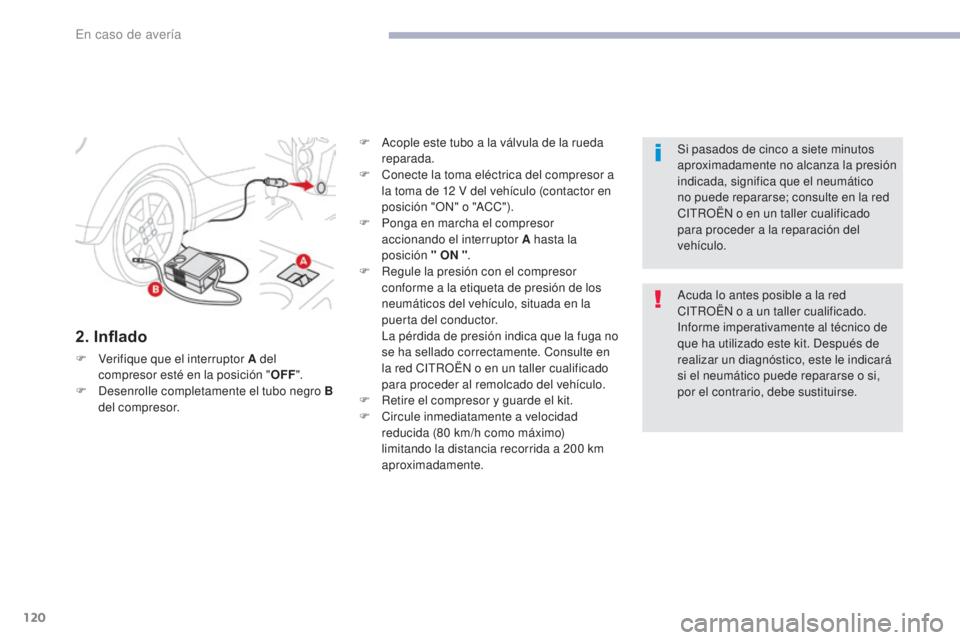 CITROEN C-ZERO 2017 Manuales de Empleo (in Spanish) 120
C-Zero_es_Chap08_en-cas-de-panne_ed01-2016
2. Inflado
F Verifique que el interruptor A del compresor esté en la posición " OFF".
F
D
esenrolle completamente el tubo negro B
del compr CITROEN C-ZERO 2017 Manuales de Empleo (in Spanish) 120
C-Zero_es_Chap08_en-cas-de-panne_ed01-2016
2. Inflado
F Verifique que el interruptor A del compresor esté en la posición " OFF".
F
D
esenrolle completamente el tubo negro B
del compr