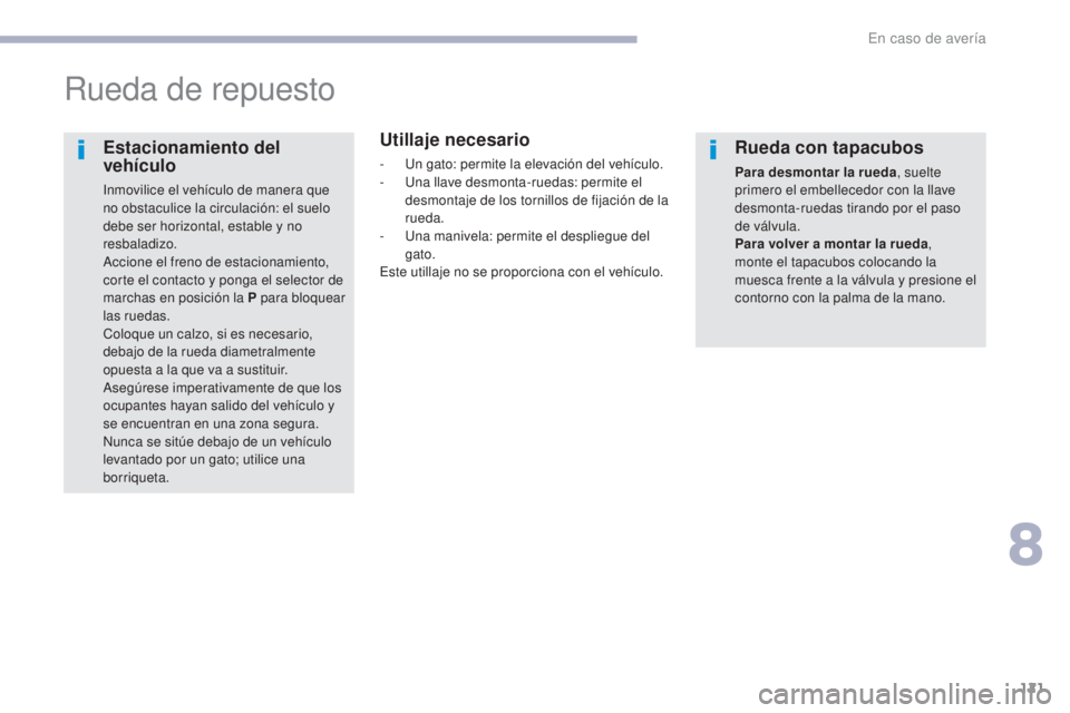 CITROEN C-ZERO 2017 Manuales de Empleo (in Spanish) 121
C-Zero_es_Chap08_en-cas-de-panne_ed01-2016
Rueda de repuesto
Utillaje necesario
- Un gato: permite la elevación del vehículo.
- U na llave desmonta-ruedas: permite el
desmontaje de los tornillo CITROEN C-ZERO 2017 Manuales de Empleo (in Spanish) 121
C-Zero_es_Chap08_en-cas-de-panne_ed01-2016
Rueda de repuesto
Utillaje necesario
- Un gato: permite la elevación del vehículo.
- U na llave desmonta-ruedas: permite el
desmontaje de los tornillo