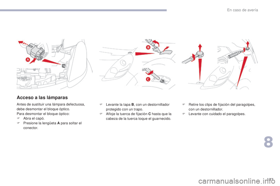 CITROEN C-ZERO 2017 Manuales de Empleo (in Spanish) 127
C-Zero_es_Chap08_en-cas-de-panne_ed01-2016
F Levante la tapa B, con un destornillador
protegido con un trapo.
F
A
floje la tuerca de fijación C hasta que la
cabeza de la tuerca toque el guar CITROEN C-ZERO 2017 Manuales de Empleo (in Spanish) 127
C-Zero_es_Chap08_en-cas-de-panne_ed01-2016
F Levante la tapa B, con un destornillador
protegido con un trapo.
F
A
floje la tuerca de fijación C hasta que la
cabeza de la tuerca toque el guar