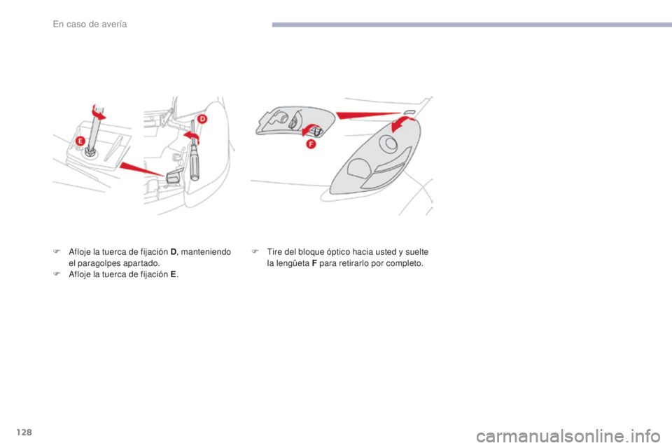 CITROEN C-ZERO 2017 Manuales de Empleo (in Spanish) 128
C-Zero_es_Chap08_en-cas-de-panne_ed01-2016
F Afloje la tuerca de fijación D, manteniendo
el paragolpes apartado.
F
A
floje la tuerca de fijación E .F
T ire del bloque óptico hacia usted y CITROEN C-ZERO 2017 Manuales de Empleo (in Spanish) 128
C-Zero_es_Chap08_en-cas-de-panne_ed01-2016
F Afloje la tuerca de fijación D, manteniendo
el paragolpes apartado.
F
A
floje la tuerca de fijación E .F
T ire del bloque óptico hacia usted y