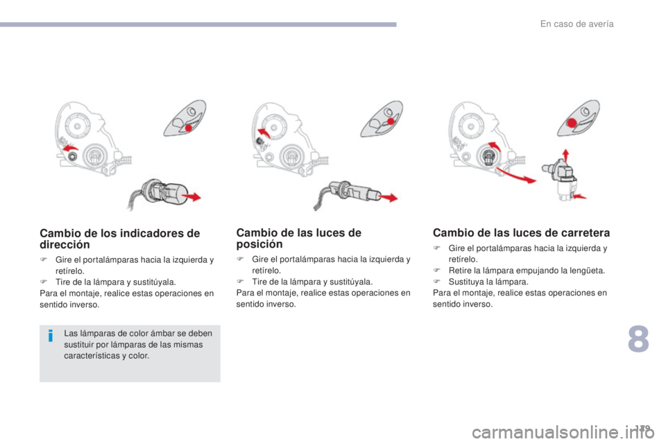 CITROEN C-ZERO 2017 Manuales de Empleo (in Spanish) 129
C-Zero_es_Chap08_en-cas-de-panne_ed01-2016
Cambio de las luces de
posición
F Gire el portalámparas hacia la izquierda y retírelo.
F
T
ire de la lámpara y sustitúyala.
Para el montaje, re CITROEN C-ZERO 2017 Manuales de Empleo (in Spanish) 129
C-Zero_es_Chap08_en-cas-de-panne_ed01-2016
Cambio de las luces de
posición
F Gire el portalámparas hacia la izquierda y retírelo.
F
T
ire de la lámpara y sustitúyala.
Para el montaje, re