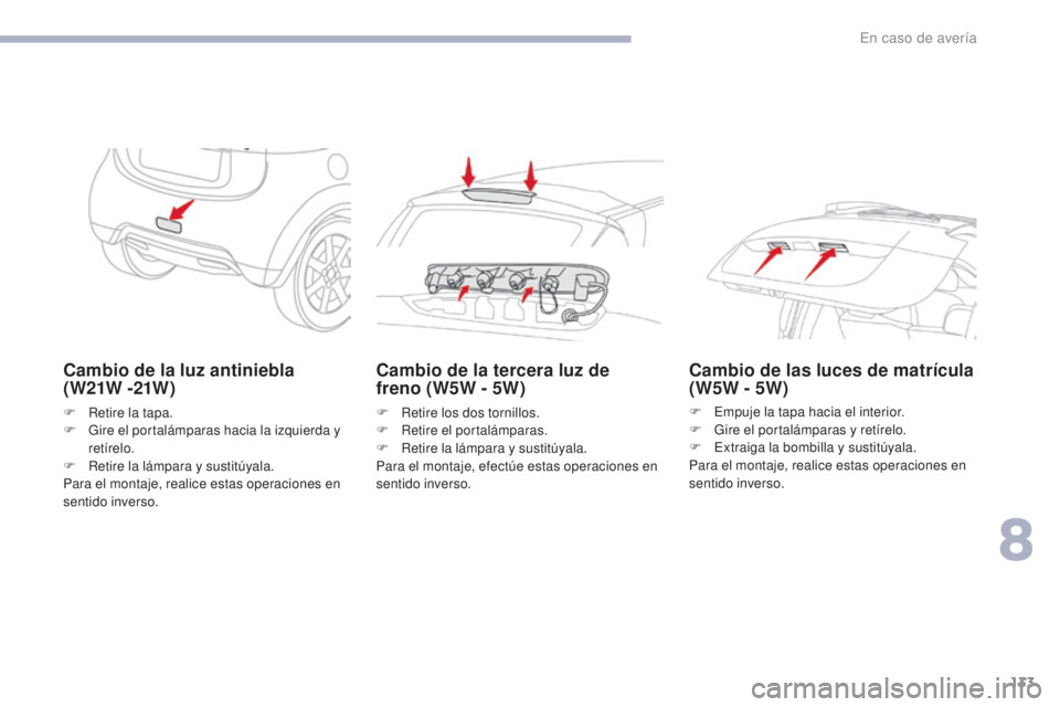 CITROEN C-ZERO 2017 Manuales de Empleo (in Spanish) 133
C-Zero_es_Chap08_en-cas-de-panne_ed01-2016
Cambio de la luz antiniebla
( W21W -21W )
F Retire la tapa.
F G ire el portalámparas hacia la izquierda y
retírelo.
F
R
etire la lámpara y sustit CITROEN C-ZERO 2017 Manuales de Empleo (in Spanish) 133
C-Zero_es_Chap08_en-cas-de-panne_ed01-2016
Cambio de la luz antiniebla
( W21W -21W )
F Retire la tapa.
F G ire el portalámparas hacia la izquierda y
retírelo.
F
R
etire la lámpara y sustit
