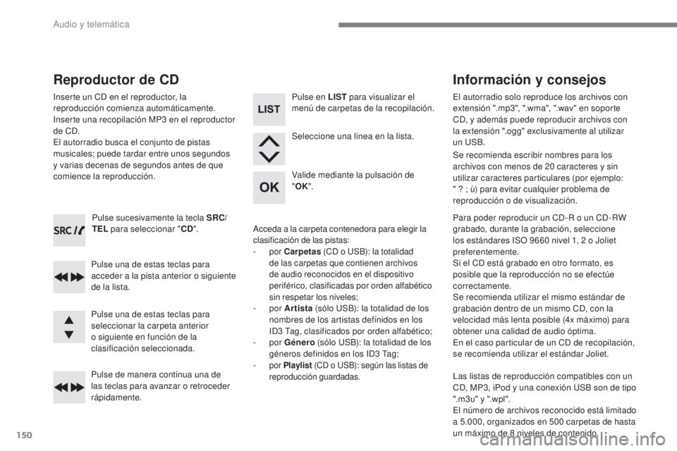 CITROEN C-ZERO 2017 Manuales de Empleo (in Spanish) 150
C-Zero_es_Chap10a_RDE2_ed01-2016
Pulse sucesivamente la tecla SRC/
TEL para seleccionar " CD".
Pulse una de estas teclas para
acceder a la pista anterior o siguiente
de la lista.
Pulse d CITROEN C-ZERO 2017 Manuales de Empleo (in Spanish) 150
C-Zero_es_Chap10a_RDE2_ed01-2016
Pulse sucesivamente la tecla SRC/
TEL para seleccionar " CD".
Pulse una de estas teclas para
acceder a la pista anterior o siguiente
de la lista.
Pulse d
