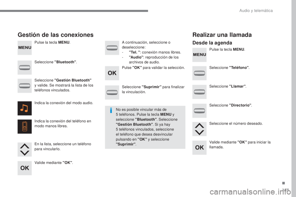 CITROEN C-ZERO 2017  Manuales de Empleo (in Spanish) 153
C-Zero_es_Chap10a_RDE2_ed01-2016
Pulse la tecla MENU.
Pulse la tecla MENU.
Gestión de las conexiones Realizar una llamada
Desde la agenda
Seleccione "Bluetooth".
Seleccione "Teléfono