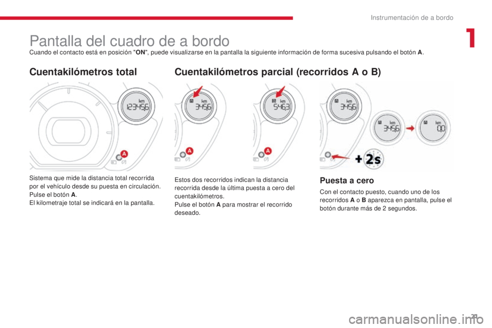 CITROEN C-ZERO 2017 Manuales de Empleo (in Spanish) 21
C-Zero_es_Chap01_instruments-de-bord_ed01-2016
Pantalla del cuadro de a bordoCuando el contacto está en posición "ON", puede visualizarse en la pantalla la siguiente información de forma CITROEN C-ZERO 2017 Manuales de Empleo (in Spanish) 21
C-Zero_es_Chap01_instruments-de-bord_ed01-2016
Pantalla del cuadro de a bordoCuando el contacto está en posición "ON", puede visualizarse en la pantalla la siguiente información de forma