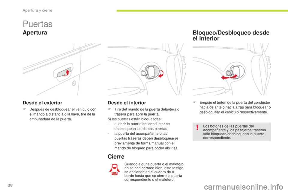 CITROEN C-ZERO 2017 Manuales de Empleo (in Spanish) 28
C-Zero_es_Chap02_ouvertures_ed01-2016
Puertas
Desde el exterior
F Después de desbloquear el vehículo con el mando a distancia o la llave, tire de la
empuñadura de la puerta.
Desde el interior
F CITROEN C-ZERO 2017 Manuales de Empleo (in Spanish) 28
C-Zero_es_Chap02_ouvertures_ed01-2016
Puertas
Desde el exterior
F Después de desbloquear el vehículo con el mando a distancia o la llave, tire de la
empuñadura de la puerta.
Desde el interior
F