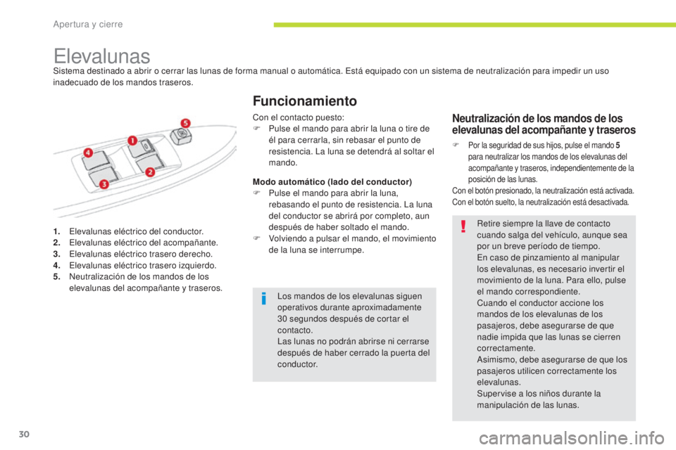 CITROEN C-ZERO 2017  Manuales de Empleo (in Spanish) 30
C-Zero_es_Chap02_ouvertures_ed01-2016
1. Elevalunas eléctrico del conductor.
2. Elevalunas eléctrico del acompañante.
3.
 E

levalunas eléctrico trasero derecho.
4.
 E

levalunas eléctrico tra