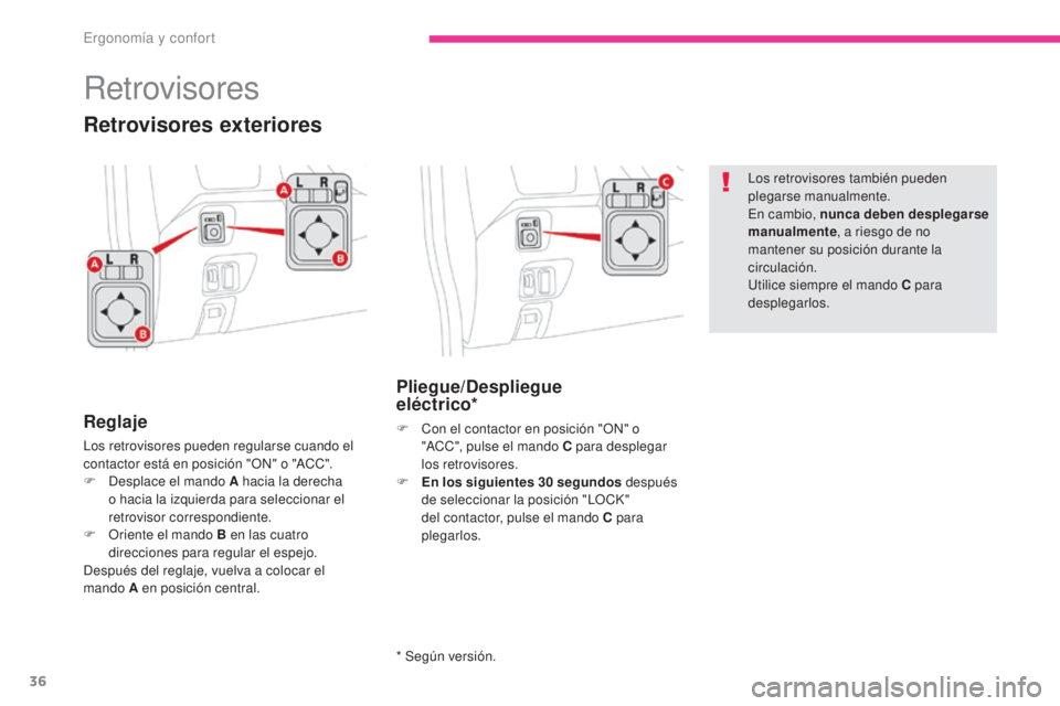 CITROEN C-ZERO 2017 Manuales de Empleo (in Spanish) 36
C-Zero_es_Chap03_ergonomie-et-confort_ed01-2016
Retrovisores
Reglaje
Los retrovisores pueden regularse cuando el
contactor está en posición "ON" o "ACC".
F
D
esplace el mando A CITROEN C-ZERO 2017 Manuales de Empleo (in Spanish) 36
C-Zero_es_Chap03_ergonomie-et-confort_ed01-2016
Retrovisores
Reglaje
Los retrovisores pueden regularse cuando el
contactor está en posición "ON" o "ACC".
F
D
esplace el mando A