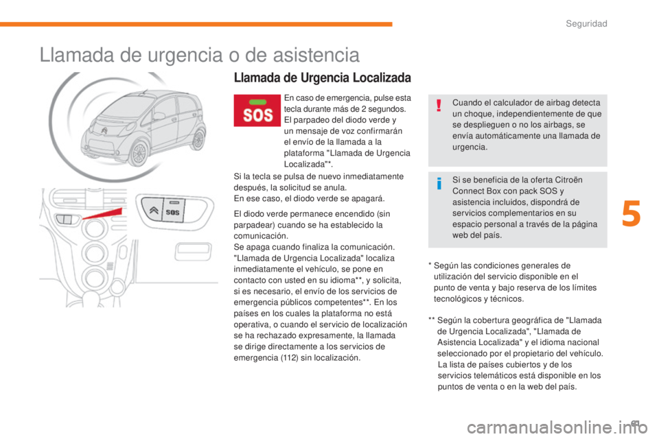 CITROEN C-ZERO 2017  Manuales de Empleo (in Spanish) 61
C-Zero_es_Chap05_securite_ed01-2016
Llamada de urgencia o de asistencia
Llamada de Urgencia Localizada
En caso de emergencia, pulse esta 
tecla durante más de 2  segundos.
El parpadeo del diodo ve