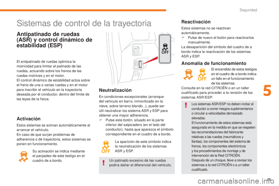 CITROEN C-ZERO 2017 Manuales de Empleo (in Spanish) 65
C-Zero_es_Chap05_securite_ed01-2016
Antipatinado de ruedas
(ASR) y control dinámico de
estabilidad (ESP)
Sistemas de control de la trayectoria
Neutralización
En condiciones excepcionales (arran CITROEN C-ZERO 2017 Manuales de Empleo (in Spanish) 65
C-Zero_es_Chap05_securite_ed01-2016
Antipatinado de ruedas
(ASR) y control dinámico de
estabilidad (ESP)
Sistemas de control de la trayectoria
Neutralización
En condiciones excepcionales (arran
