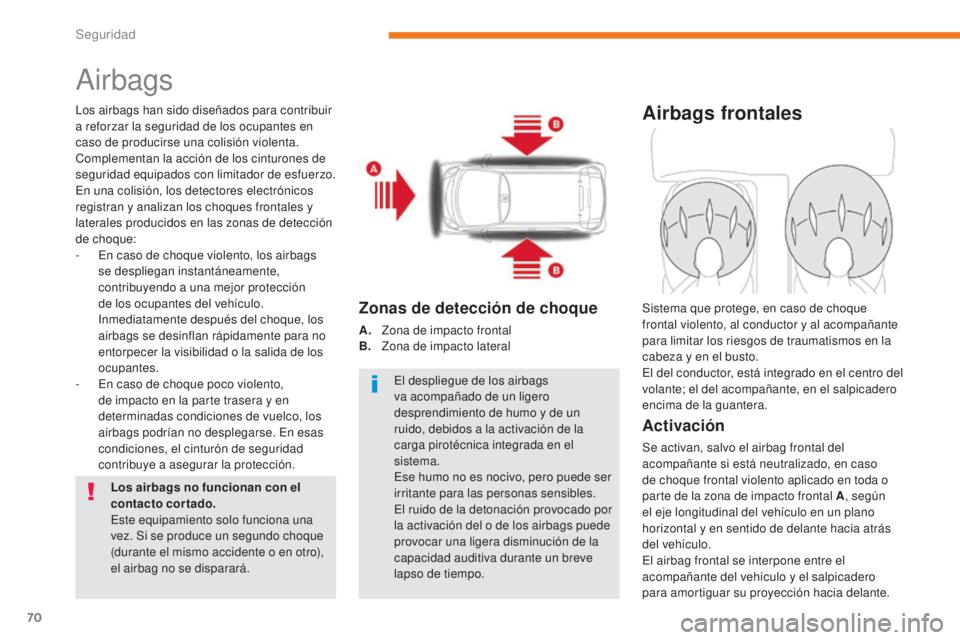 CITROEN C-ZERO 2017 Manuales de Empleo (in Spanish) 70
C-Zero_es_Chap05_securite_ed01-2016
Airbags
Los airbags han sido diseñados para contribuir
a reforzar la seguridad de los ocupantes en
caso de producirse una colisión violenta.
Complementan la CITROEN C-ZERO 2017 Manuales de Empleo (in Spanish) 70
C-Zero_es_Chap05_securite_ed01-2016
Airbags
Los airbags han sido diseñados para contribuir
a reforzar la seguridad de los ocupantes en
caso de producirse una colisión violenta.
Complementan la