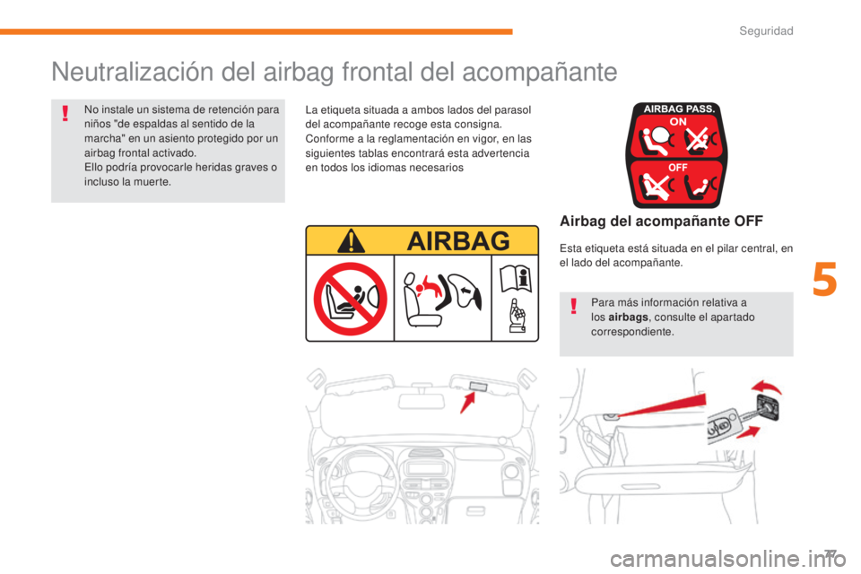 CITROEN C-ZERO 2017 Manuales de Empleo (in Spanish) 77
C-Zero_es_Chap05_securite_ed01-2016
Neutralización del airbag frontal del acompañante
La etiqueta situada a ambos lados del parasol
del acompañante recoge esta consigna.
Conforme a la reglament CITROEN C-ZERO 2017 Manuales de Empleo (in Spanish) 77
C-Zero_es_Chap05_securite_ed01-2016
Neutralización del airbag frontal del acompañante
La etiqueta situada a ambos lados del parasol
del acompañante recoge esta consigna.
Conforme a la reglament