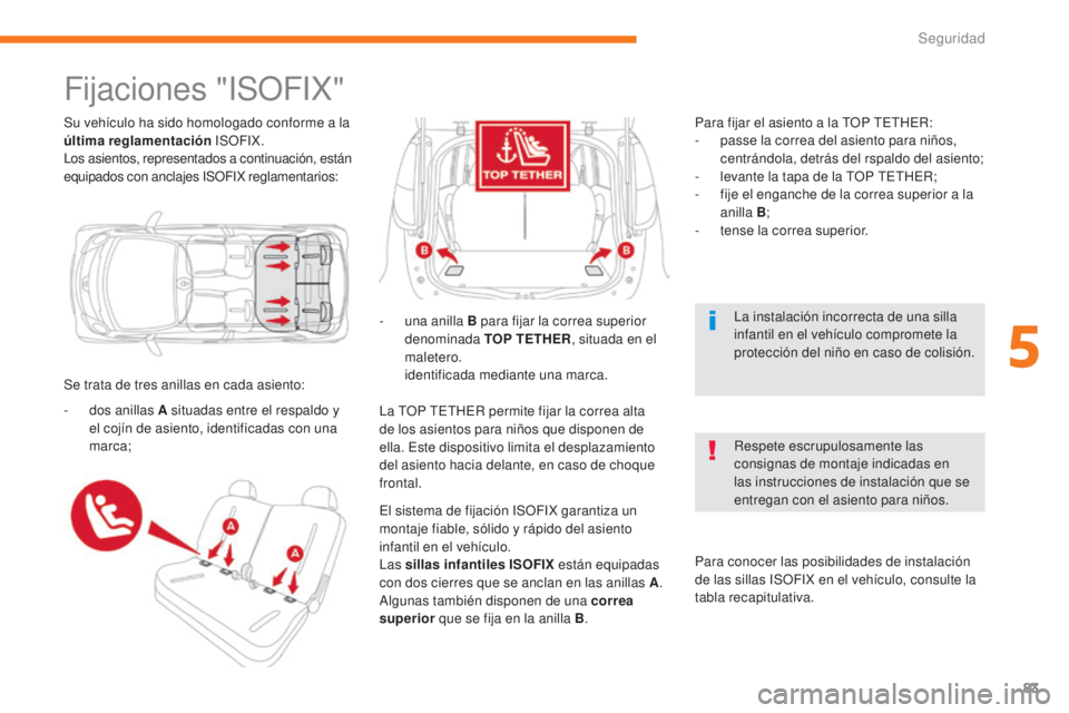 CITROEN C-ZERO 2017 Manuales de Empleo (in Spanish) 83
C-Zero_es_Chap05_securite_ed01-2016
Su vehículo ha sido homologado conforme a la
última reglamentación ISOFIX.
Los asientos, representados a continuación, están
equipados con anclajes ISOFIX CITROEN C-ZERO 2017 Manuales de Empleo (in Spanish) 83
C-Zero_es_Chap05_securite_ed01-2016
Su vehículo ha sido homologado conforme a la
última reglamentación ISOFIX.
Los asientos, representados a continuación, están
equipados con anclajes ISOFIX