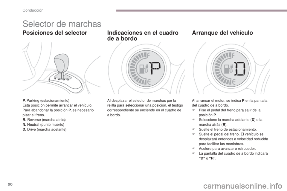 CITROEN C-ZERO 2017 Manuales de Empleo (in Spanish) 90
C-Zero_es_Chap06_conduite_ed01-2016
P. Parking (estacionamiento)
Esta posición permite arrancar el vehÃculo.
Para abandonar la posición P , es necesario
pisar el freno.
R. Reverse (marcha atrà CITROEN C-ZERO 2017 Manuales de Empleo (in Spanish) 90
C-Zero_es_Chap06_conduite_ed01-2016
P. Parking (estacionamiento)
Esta posición permite arrancar el vehÃculo.
Para abandonar la posición P , es necesario
pisar el freno.
R. Reverse (marcha atrÃ