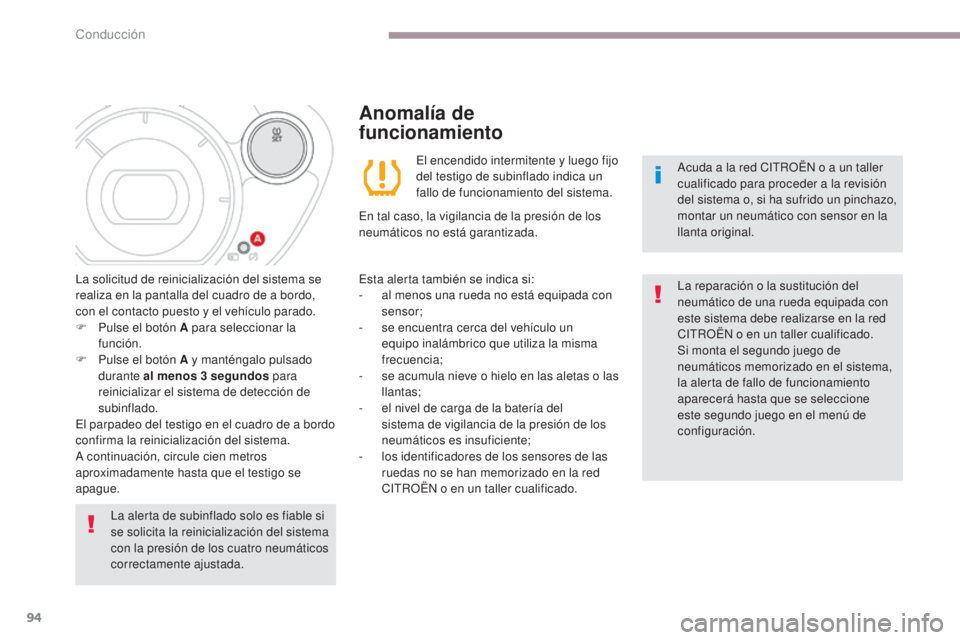 CITROEN C-ZERO 2017 Manuales de Empleo (in Spanish) 94
C-Zero_es_Chap06_conduite_ed01-2016
La alerta de subinflado solo es fiable si
se solicita la reinicialización del sistema
con la presión de los cuatro neumáticos
correctamente ajustada.Acuda CITROEN C-ZERO 2017 Manuales de Empleo (in Spanish) 94
C-Zero_es_Chap06_conduite_ed01-2016
La alerta de subinflado solo es fiable si
se solicita la reinicialización del sistema
con la presión de los cuatro neumáticos
correctamente ajustada.Acuda