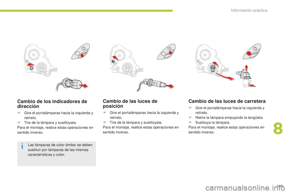 CITROEN C-ZERO 2016 Manuales de Empleo (in Spanish) 109
c-zero_es_c hap08_info-pratiques_ed01-2014
Cambio de las luces de
posición
F Gire el portalámparas hacia la izquierda y
retírelo.
F
t
ir
e de la lámpara y sustitúyala.
Para el montaje, CITROEN C-ZERO 2016 Manuales de Empleo (in Spanish) 109
c-zero_es_c hap08_info-pratiques_ed01-2014
Cambio de las luces de
posición
F Gire el portalámparas hacia la izquierda y
retírelo.
F
t
ir
e de la lámpara y sustitúyala.
Para el montaje,