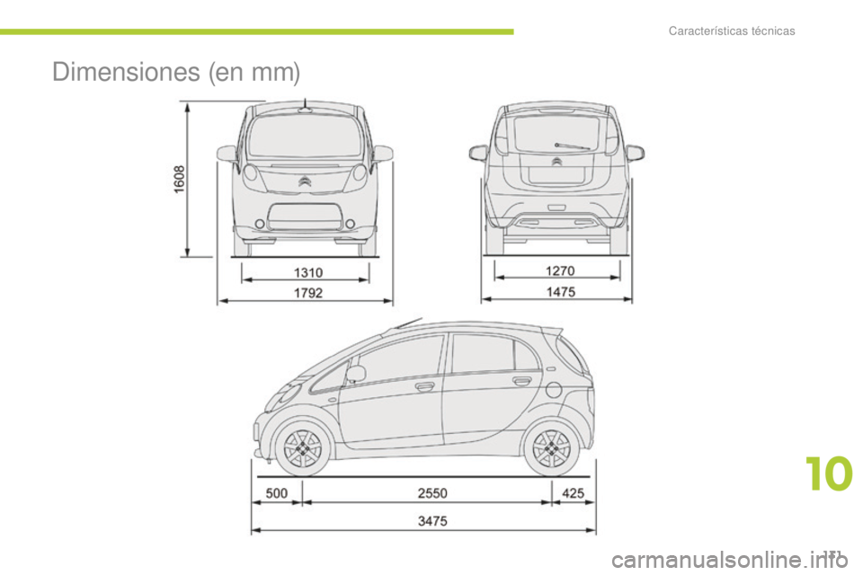 CITROEN C-ZERO 2016 Manuales de Empleo (in Spanish) 131
c-zero_es_c hap10_caracteristiques-techniques_ed01-2014
dimensiones (en mm)
10
características técnicas CITROEN C-ZERO 2016 Manuales de Empleo (in Spanish) 131
c-zero_es_c hap10_caracteristiques-techniques_ed01-2014
dimensiones (en mm)
10
características técnicas