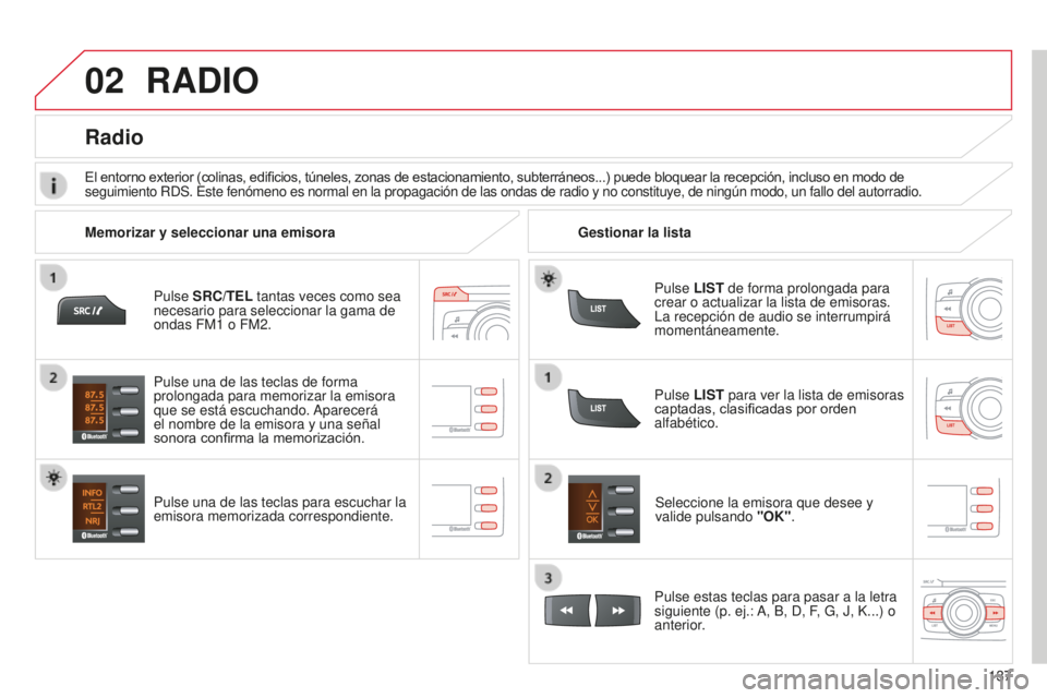 CITROEN C-ZERO 2016 Manuales de Empleo (in Spanish) 02
137
c-zero_es_chap11b_Rde2_ed01-2014
Pulse SRC/TEL tantas veces como sea
necesario para seleccionar la gama de
ondas FM1 o FM2.
Pulse una de las teclas para escuchar la
emisora memorizada corres CITROEN C-ZERO 2016 Manuales de Empleo (in Spanish) 02
137
c-zero_es_chap11b_Rde2_ed01-2014
Pulse SRC/TEL tantas veces como sea
necesario para seleccionar la gama de
ondas FM1 o FM2.
Pulse una de las teclas para escuchar la
emisora memorizada corres