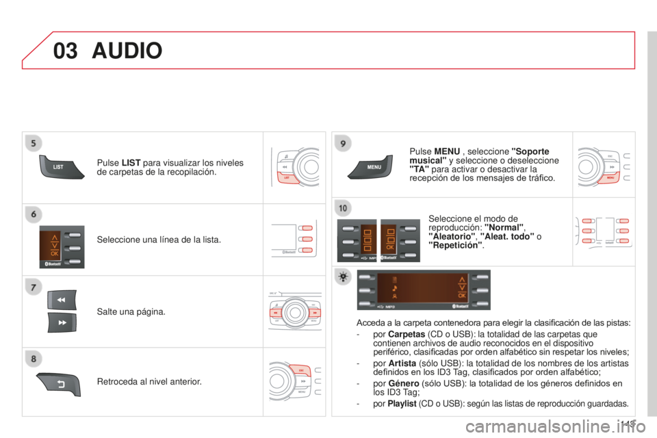 CITROEN C-ZERO 2016 Manuales de Empleo (in Spanish) 03
143
c-zero_es_chap11b_Rde2_ed01-2014
Seleccione una línea de la lista.
Salte una página.Pulse MENU , seleccione "Soporte
musical" y seleccione o deseleccione
"TA" para activar o CITROEN C-ZERO 2016 Manuales de Empleo (in Spanish) 03
143
c-zero_es_chap11b_Rde2_ed01-2014
Seleccione una línea de la lista.
Salte una página.Pulse MENU , seleccione "Soporte
musical" y seleccione o deseleccione
"TA" para activar o