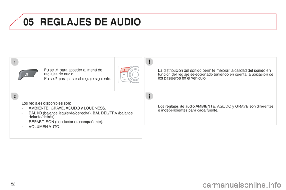 CITROEN C-ZERO 2016 Manuales de Empleo (in Spanish) 05
152
c-zero_es_chap11b_Rde2_ed01-2014
Pulse ¯ para acceder al menú de
reglajes de audio.
Pulse¯ para pasar al reglaje siguiente.
l
os reglajes disponibles son:
-
a
MB
iente : GR a
V
e ,
a
CITROEN C-ZERO 2016 Manuales de Empleo (in Spanish) 05
152
c-zero_es_chap11b_Rde2_ed01-2014
Pulse ¯ para acceder al menú de
reglajes de audio.
Pulse¯ para pasar al reglaje siguiente.
l
os reglajes disponibles son:
-
a
MB
iente : GR a
V
e ,
a