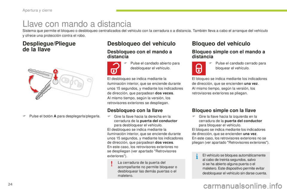 CITROEN C-ZERO 2016 Manuales de Empleo (in Spanish) 24
c-zero_es_ chap02_ouvertures_ed01-2014
Sistema que permite el bloqueo o desbloqueo centralizados del vehículo con la cerradura o a distancia. ta mbién lleva a cabo el arranque del vehículo
y of CITROEN C-ZERO 2016 Manuales de Empleo (in Spanish) 24
c-zero_es_ chap02_ouvertures_ed01-2014
Sistema que permite el bloqueo o desbloqueo centralizados del vehículo con la cerradura o a distancia. ta mbién lleva a cabo el arranque del vehículo
y of