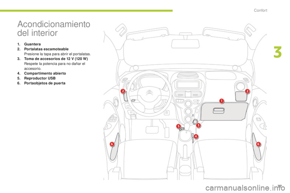 CITROEN C-ZERO 2016 Manuales de Empleo (in Spanish) 37
c-zero_es_c hap03_confort_ed01-2014
acondicionamiento
del interior
1. Guantera
2. P
ortalatas escamoteable
P
resione la tapa para abrir el portalatas.
3.
T
oma de accesorios de 12 V (120 W CITROEN C-ZERO 2016 Manuales de Empleo (in Spanish) 37
c-zero_es_c hap03_confort_ed01-2014
acondicionamiento
del interior
1. Guantera
2. P
ortalatas escamoteable
P
resione la tapa para abrir el portalatas.
3.
T
oma de accesorios de 12 V (120 W