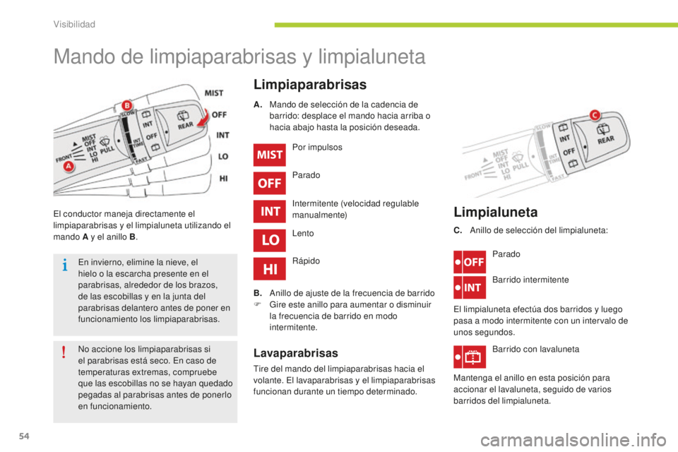 CITROEN C-ZERO 2016 Manuales de Empleo (in Spanish) 54
c-zero_es_ chap05_visibilite_ed01-2014
Mando de limpiaparabrisas y limpialuneta
Limpiaparabrisas
el conductor maneja directamente el
limpiaparabrisas y el limpialuneta utilizando el
mando A y el CITROEN C-ZERO 2016 Manuales de Empleo (in Spanish) 54
c-zero_es_ chap05_visibilite_ed01-2014
Mando de limpiaparabrisas y limpialuneta
Limpiaparabrisas
el conductor maneja directamente el
limpiaparabrisas y el limpialuneta utilizando el
mando A y el