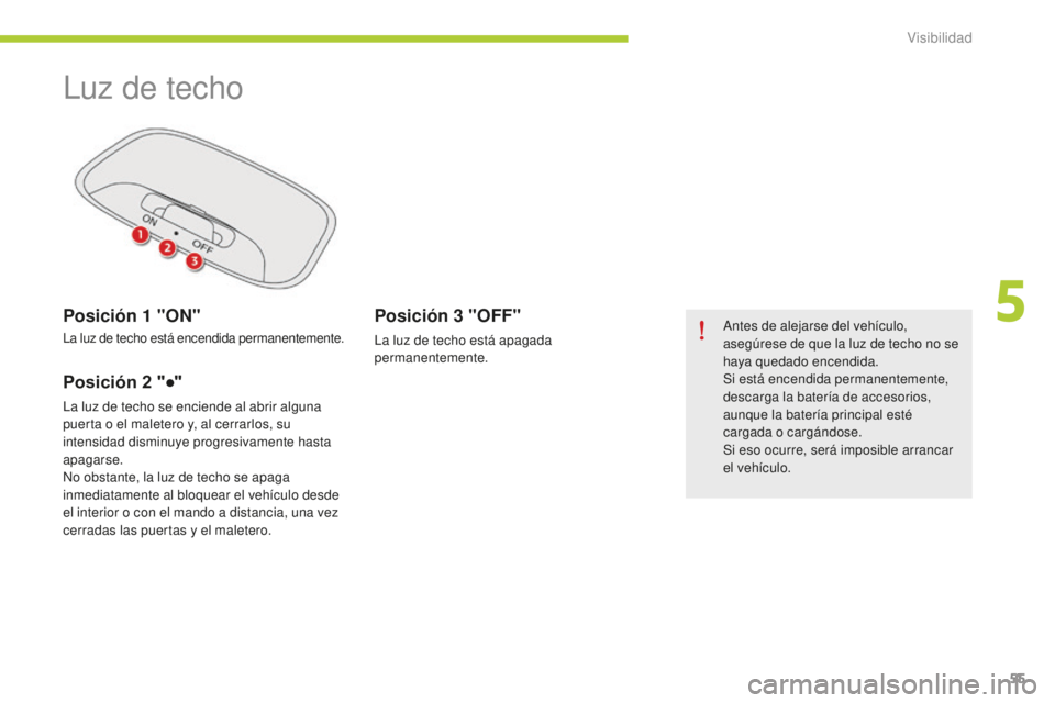 CITROEN C-ZERO 2016 Manuales de Empleo (in Spanish) 55
c-zero_es_ chap05_visibilite_ed01-2014
luz de techo
Posición 1 "ON"
la luz de techo está encendida permanentemente.
Posición 2 "●"
la luz de techo se enciende al abrir alguna CITROEN C-ZERO 2016 Manuales de Empleo (in Spanish) 55
c-zero_es_ chap05_visibilite_ed01-2014
luz de techo
Posición 1 "ON"
la luz de techo está encendida permanentemente.
Posición 2 "●"
la luz de techo se enciende al abrir alguna