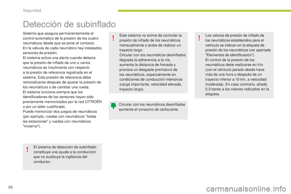 CITROEN C-ZERO 2016 Manuales de Empleo (in Spanish) 58
c-zero_es_ chap06_securite_ed01-2014
Detección de subinflado
Sistema que asegura permanentemente el
control automático de la presión de los cuatro
neumáticos desde que se pone el contacto.
en CITROEN C-ZERO 2016 Manuales de Empleo (in Spanish) 58
c-zero_es_ chap06_securite_ed01-2014
Detección de subinflado
Sistema que asegura permanentemente el
control automático de la presión de los cuatro
neumáticos desde que se pone el contacto.
en