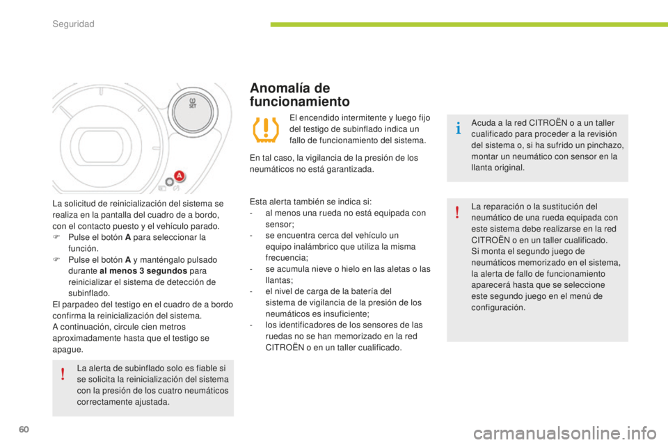 CITROEN C-ZERO 2016 Manuales de Empleo (in Spanish) 60
c-zero_es_ chap06_securite_ed01-2014
la alerta de subinflado solo es fiable si
se solicita la reinicialización del sistema
con la presión de los cuatro neumáticos
correctamente ajustada.
ac
CITROEN C-ZERO 2016 Manuales de Empleo (in Spanish) 60
c-zero_es_ chap06_securite_ed01-2014
la alerta de subinflado solo es fiable si
se solicita la reinicialización del sistema
con la presión de los cuatro neumáticos
correctamente ajustada.
ac