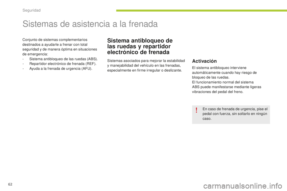 CITROEN C-ZERO 2016 Manuales de Empleo (in Spanish) 62
c-zero_es_ chap06_securite_ed01-2014
Sistemas de asistencia a la frenada
Sistema antibloqueo de
las ruedas y repartidor
electrónico de frenadaconjunto de sistemas complementarios
destinados a a CITROEN C-ZERO 2016 Manuales de Empleo (in Spanish) 62
c-zero_es_ chap06_securite_ed01-2014
Sistemas de asistencia a la frenada
Sistema antibloqueo de
las ruedas y repartidor
electrónico de frenadaconjunto de sistemas complementarios
destinados a a