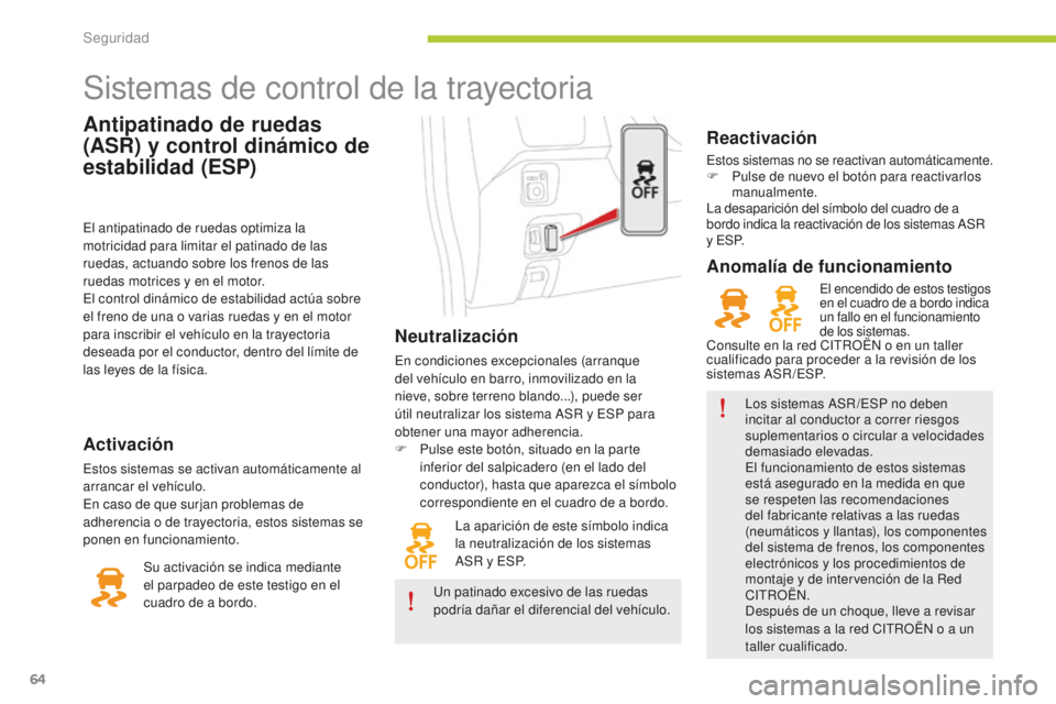 CITROEN C-ZERO 2016 Manuales de Empleo (in Spanish) 64
c-zero_es_ chap06_securite_ed01-2014
Antipatinado de ruedas
(ASR) y control dinámico de
estabilidad (ESP)
Sistemas de control de la trayectoria
Neutralización
en condiciones excepcionales (arra CITROEN C-ZERO 2016 Manuales de Empleo (in Spanish) 64
c-zero_es_ chap06_securite_ed01-2014
Antipatinado de ruedas
(ASR) y control dinámico de
estabilidad (ESP)
Sistemas de control de la trayectoria
Neutralización
en condiciones excepcionales (arra